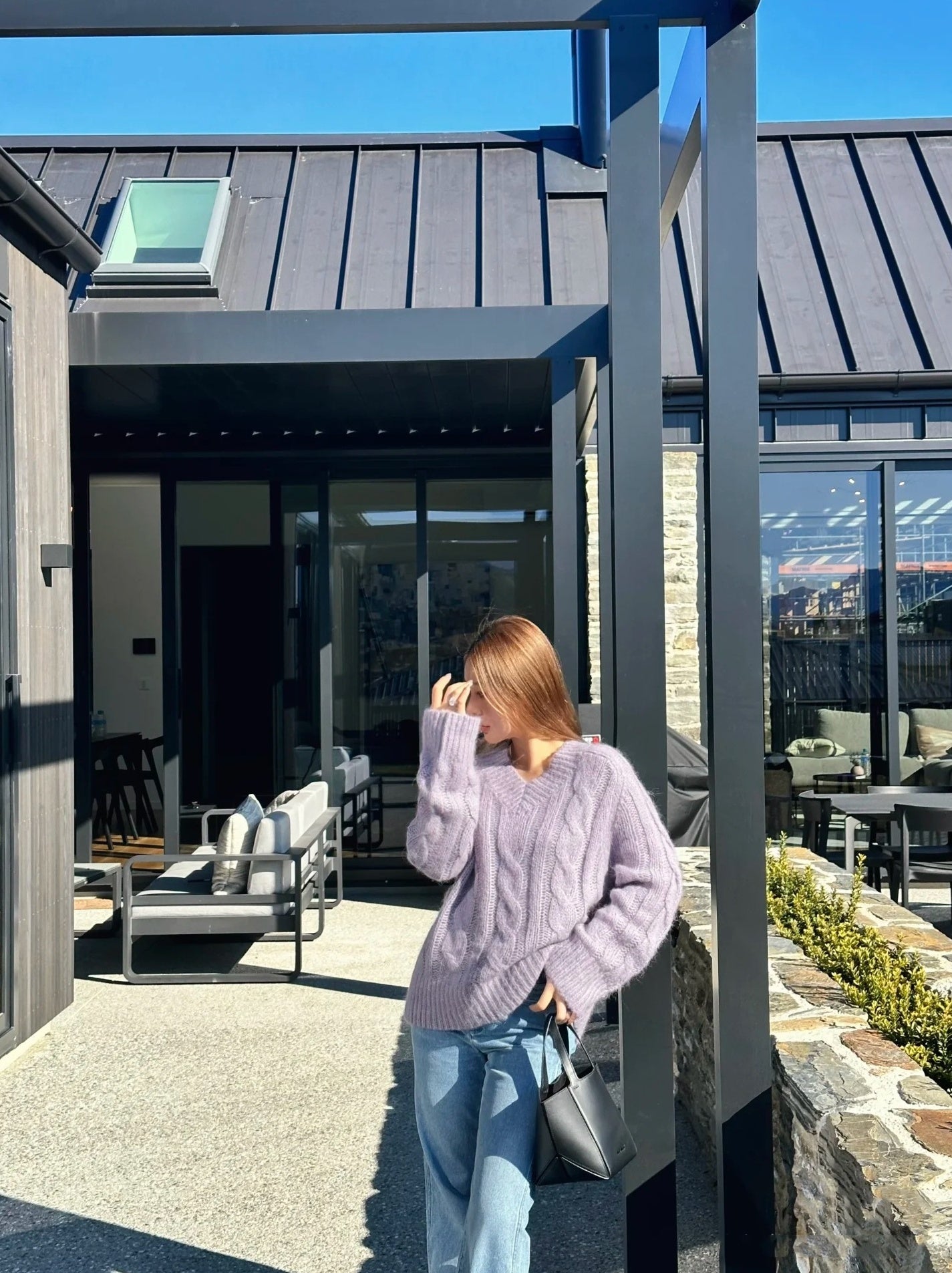 Purple V-Neck Twist Pattern Sweater