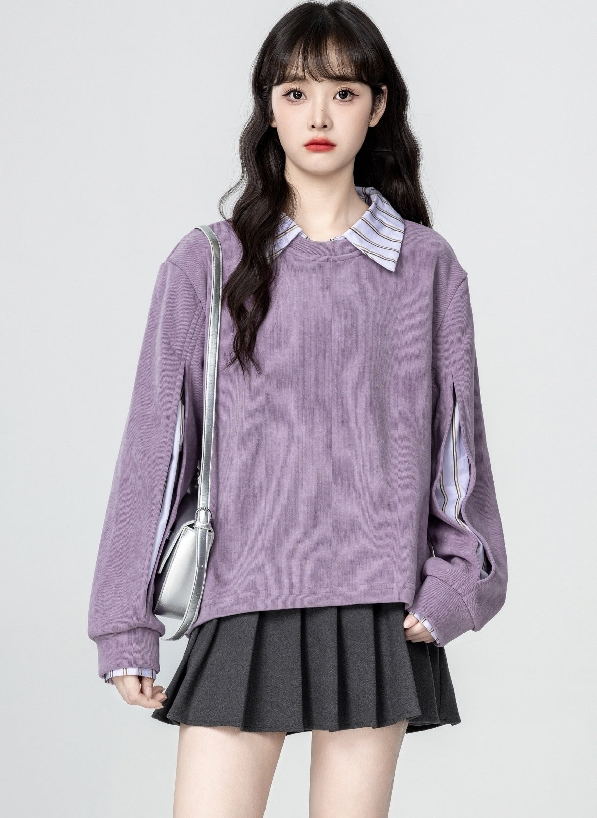 Purple Vintage Collared Sweatshirt Pullover Top