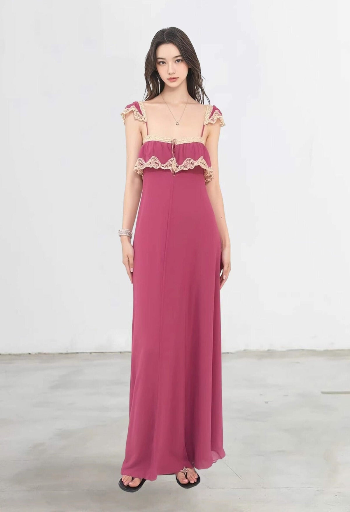 Purple Vintage Lace Trim Ruffle Maxi Dress