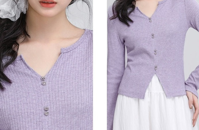Purple Vneck Slim Knit Top