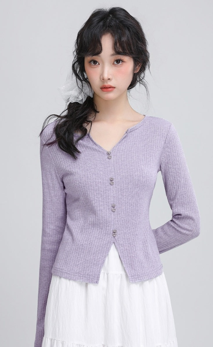 Purple Vneck Slim Knit Top