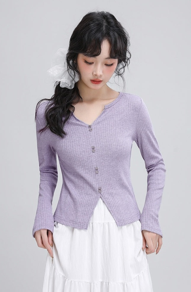 Purple Vneck Slim Knit Top