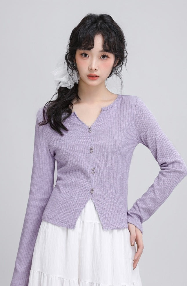 Purple Vneck Slim Knit Top