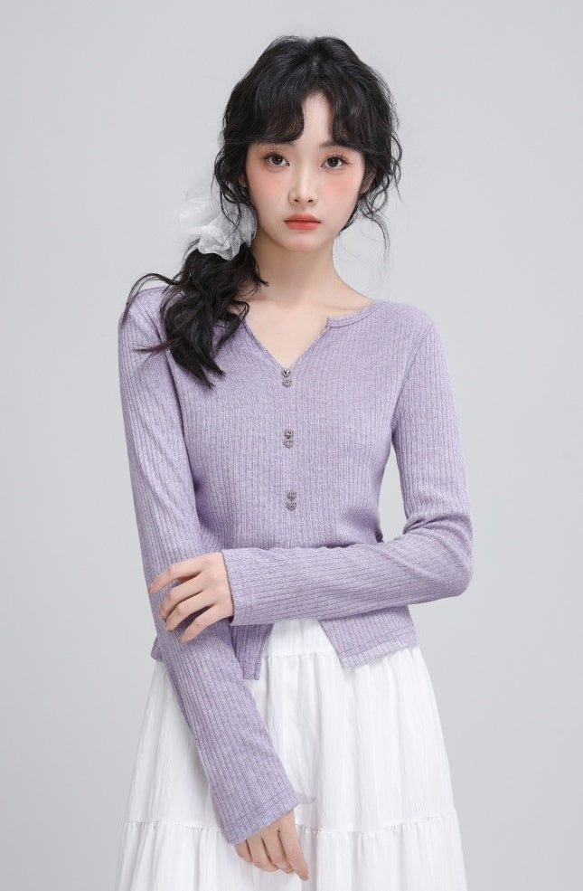 Purple Vneck Slim Knit Top