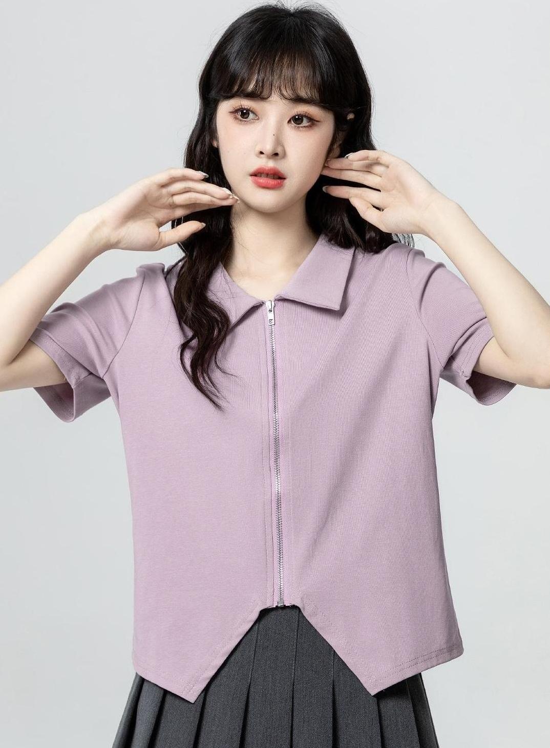 Purple Zip Short Sleeve Asymmetrical Top
