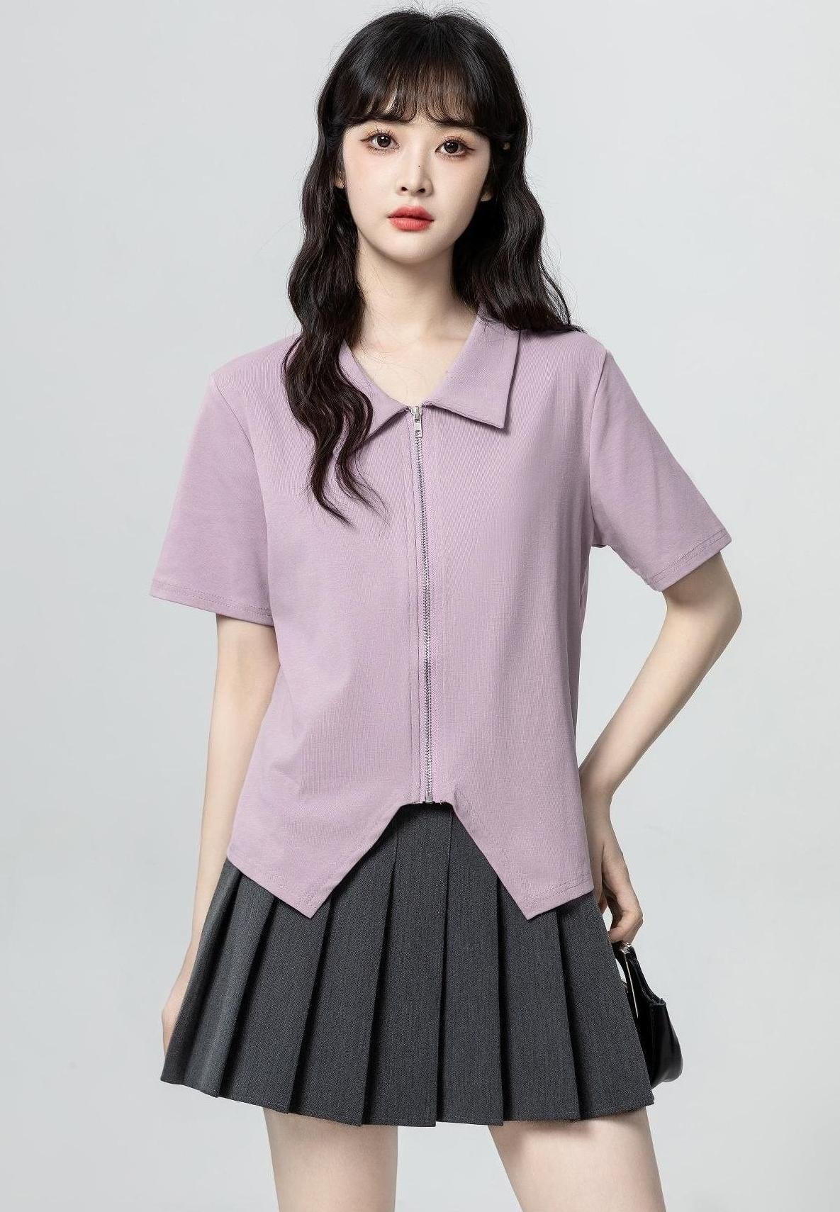 Purple Zip Short Sleeve Asymmetrical Top
