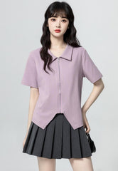 Purple Zip Short Sleeve Asymmetrical Top
