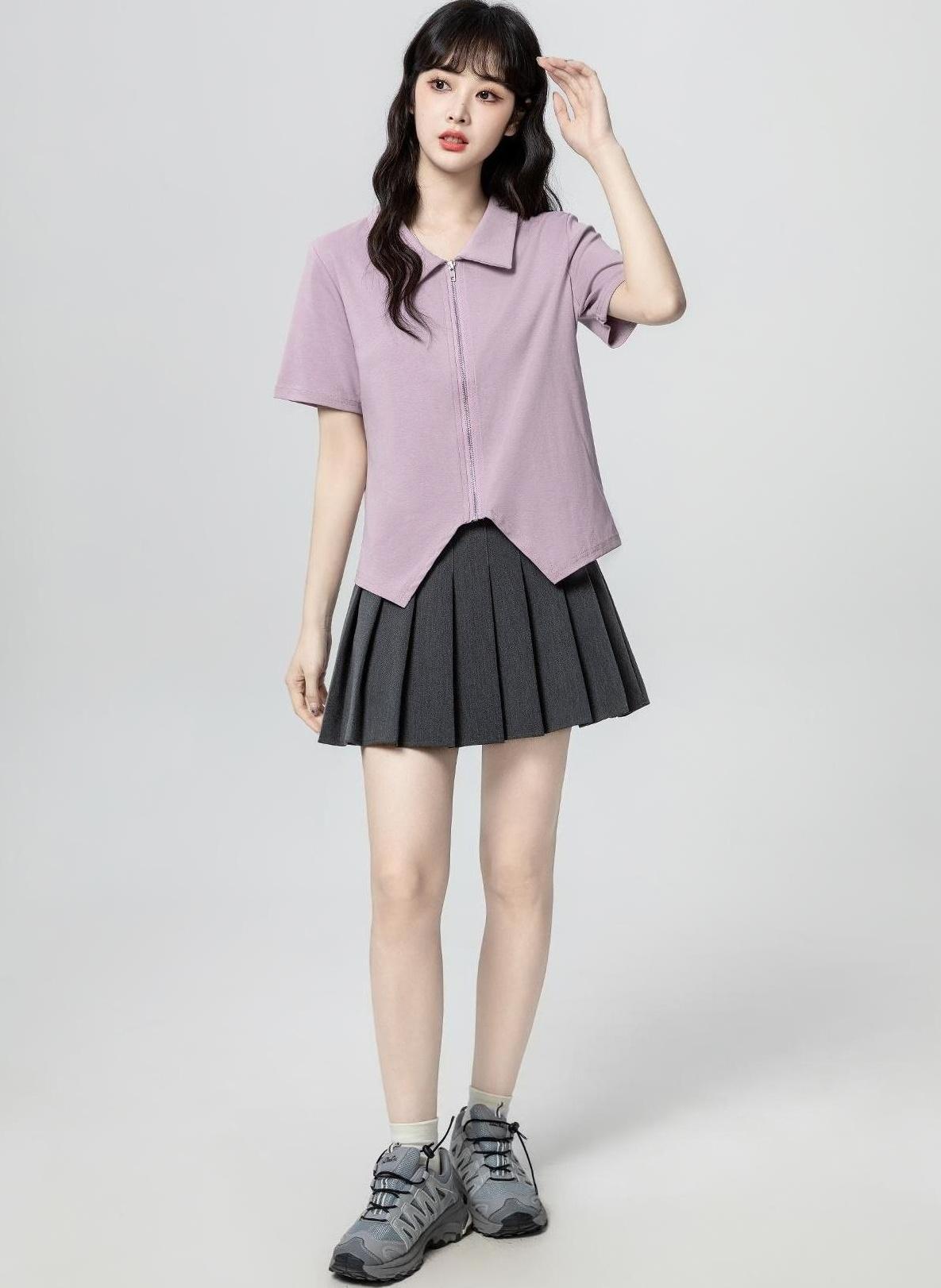 Purple Zip Short Sleeve Asymmetrical Top