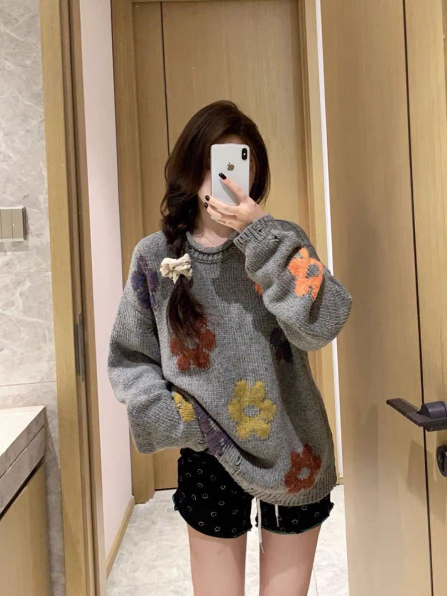 Grey Floral Print Knit Sweater
