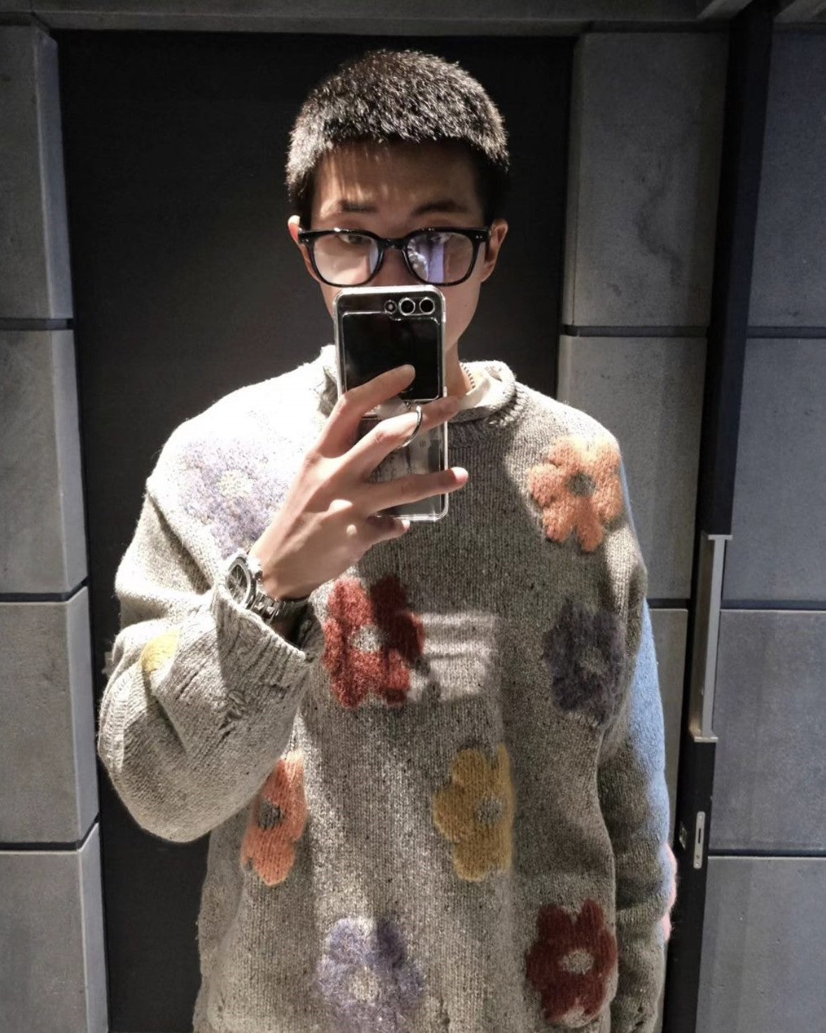 Grey Floral Print Knit Sweater