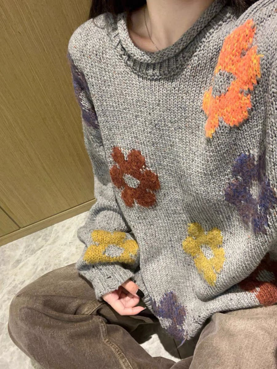 Grey Floral Print Knit Sweater