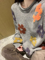 Grey Floral Print Knit Sweater