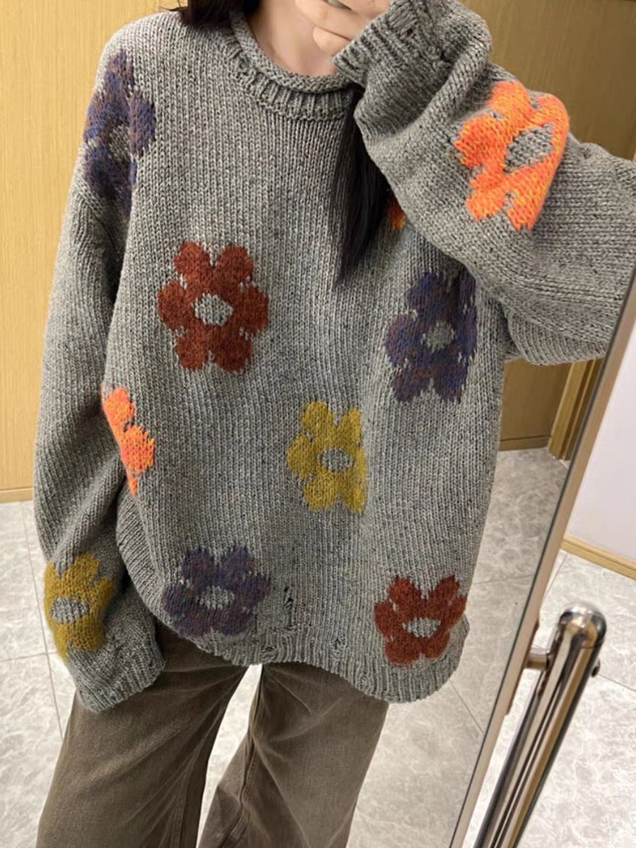 Grey Floral Print Knit Sweater