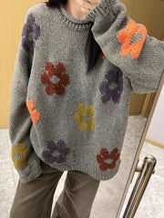 Grey Floral Print Knit Sweater