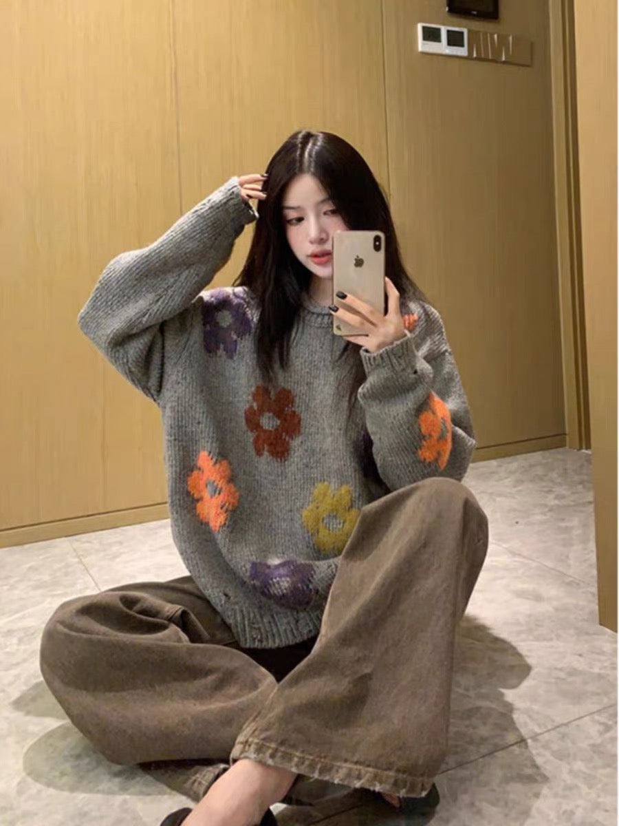 Grey Floral Print Knit Sweater