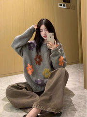 Grey Floral Print Knit Sweater