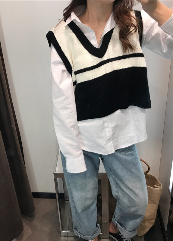Black And White Sleeveless Knit Vest