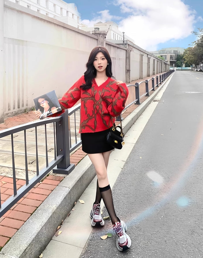Red Abstract Pattern Cozy Sweater