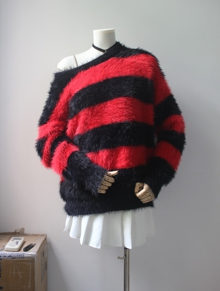 Red And Black Striped Fuzzy Knit Sweater