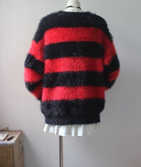 Red And Black Striped Fuzzy Knit Sweater