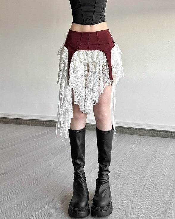 Red And White Lace Layered Skirt