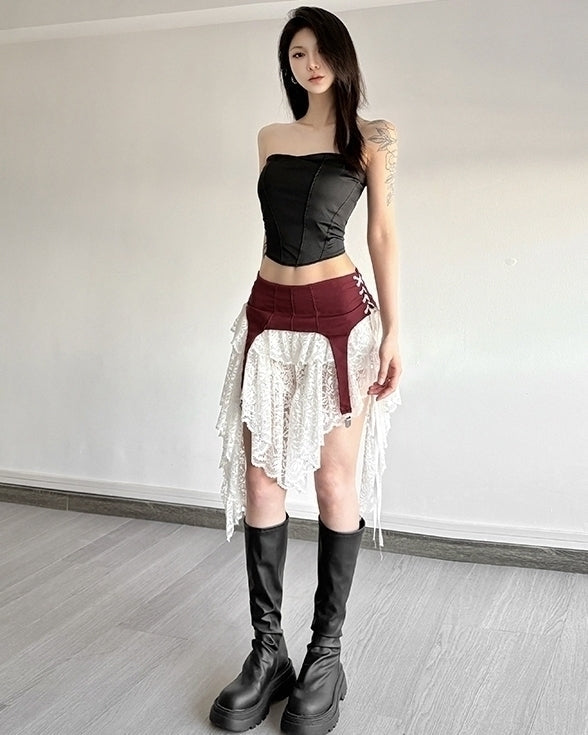 Red And White Lace Layered Skirt