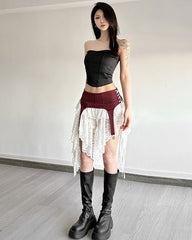 Red And White Lace Layered Skirt