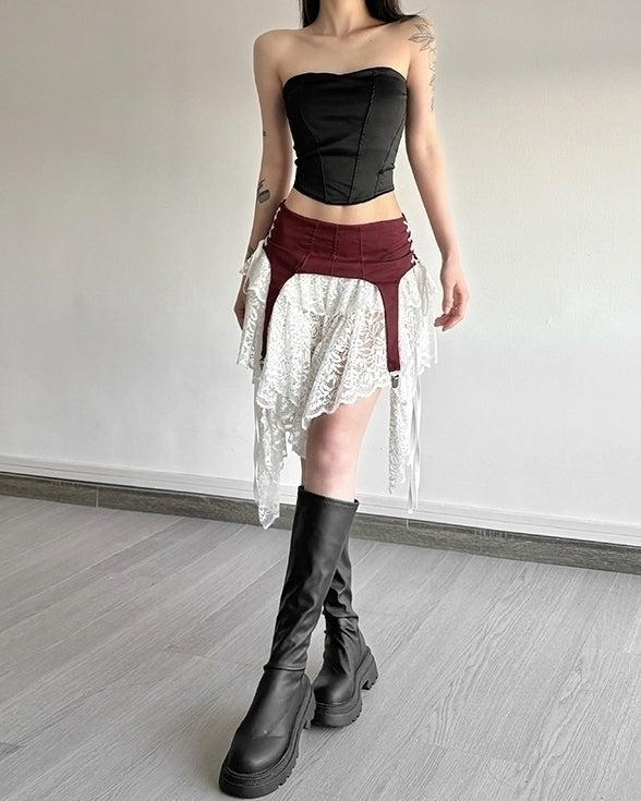 Red And White Lace Layered Skirt