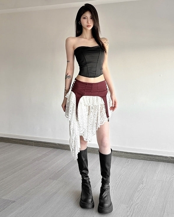 Red And White Lace Layered Skirt