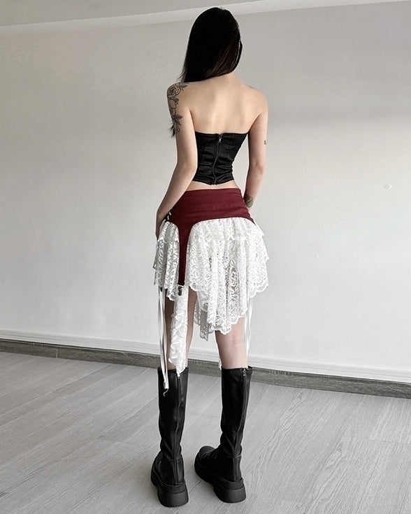 Red And White Lace Layered Skirt