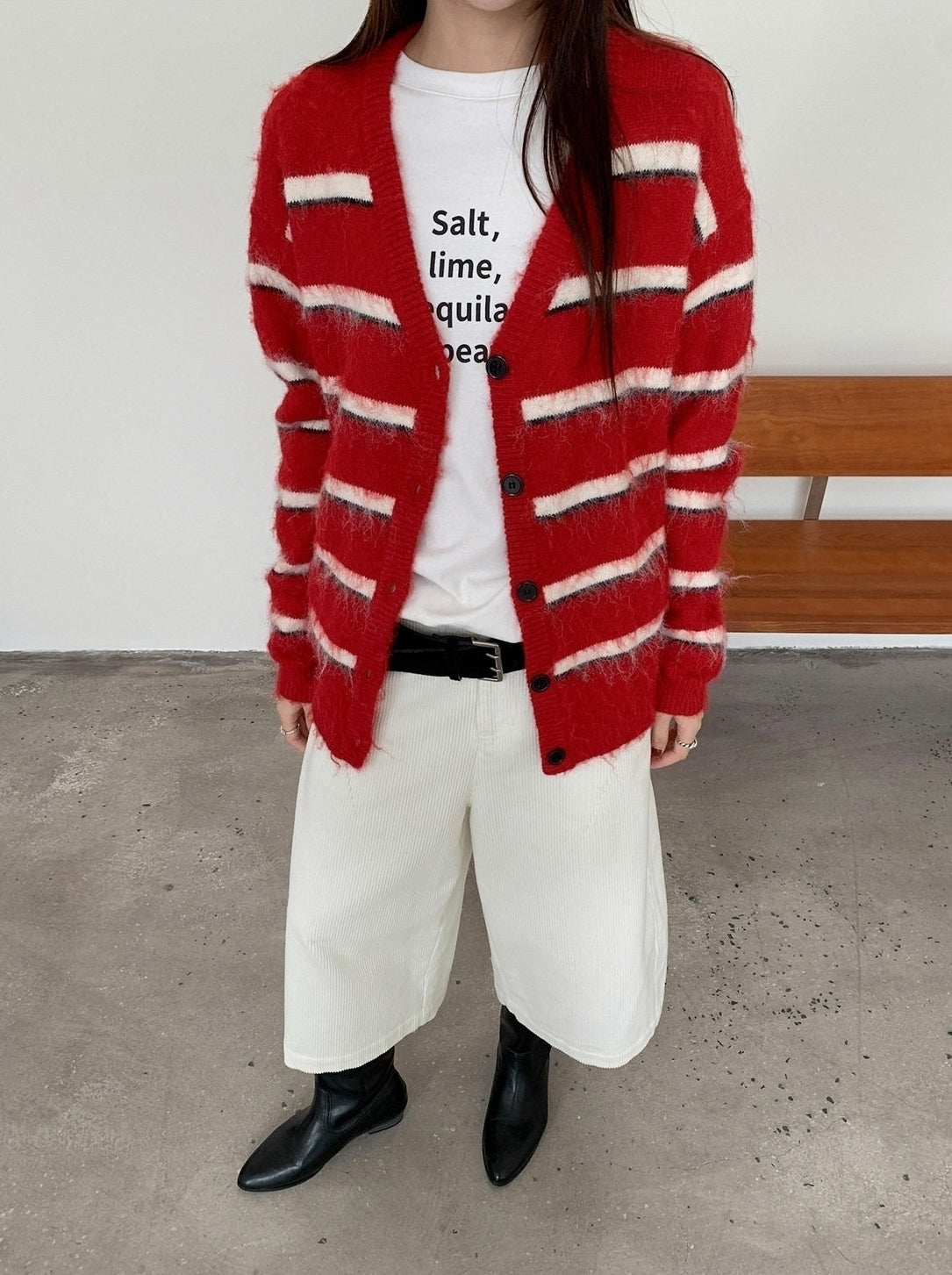 Red And White Stripes Mohair Cardigan