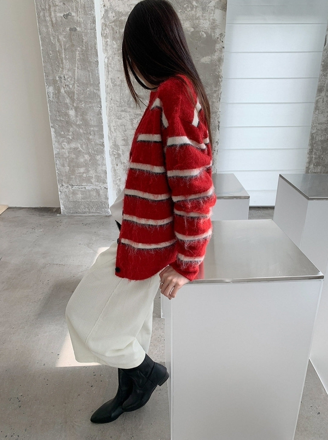 Red And White Stripes Mohair Cardigan