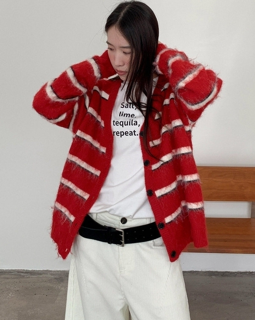 Red And White Stripes Mohair Cardigan