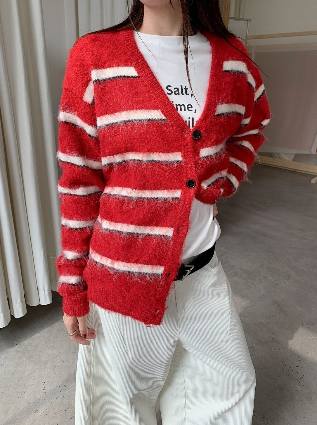 Red And White Stripes Mohair Cardigan