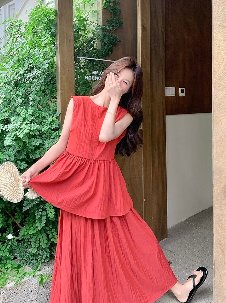Red Backless Tie Vest And Skirt Set