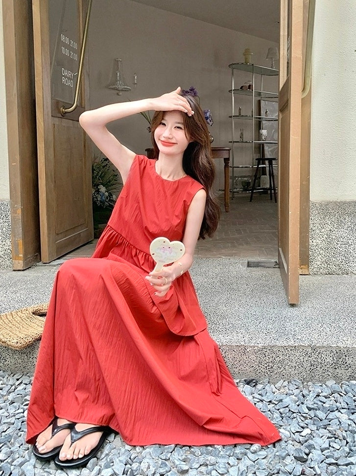 Red Backless Tie Vest And Skirt Set