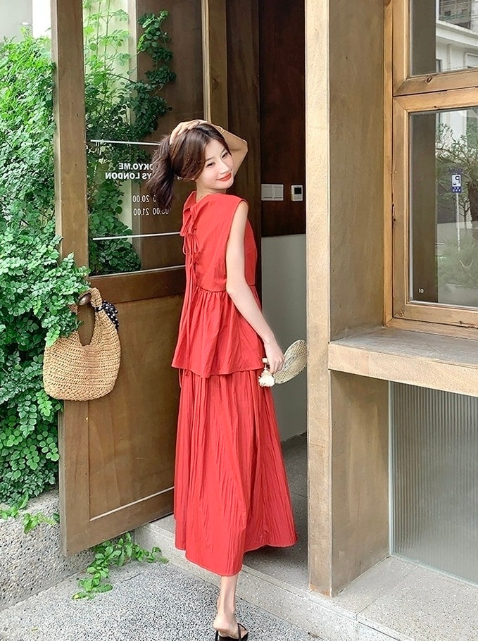 Red Backless Tie Vest And Skirt Set