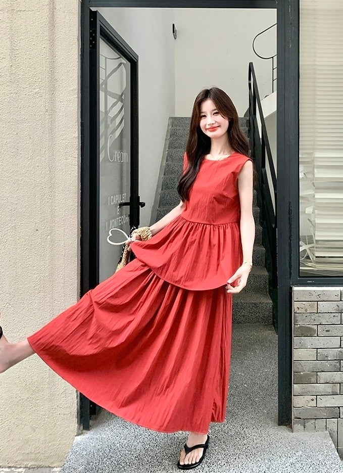 Red Backless Tie Vest And Skirt Set