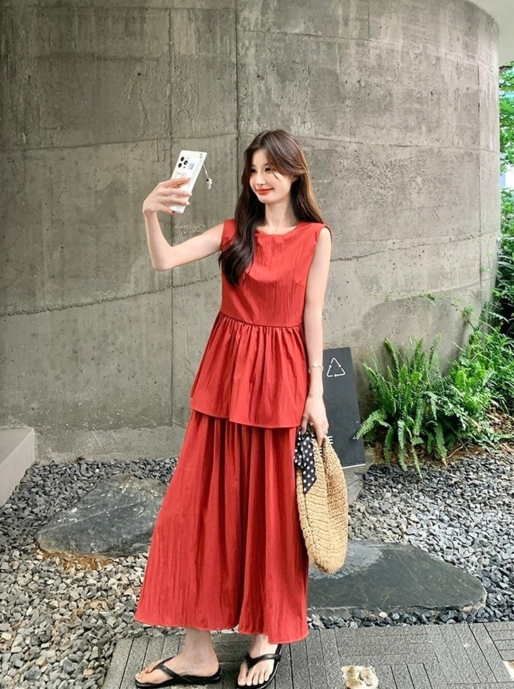 Red Backless Tie Vest And Skirt Set