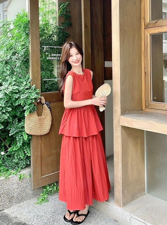 Red Backless Tie Vest And Skirt Set