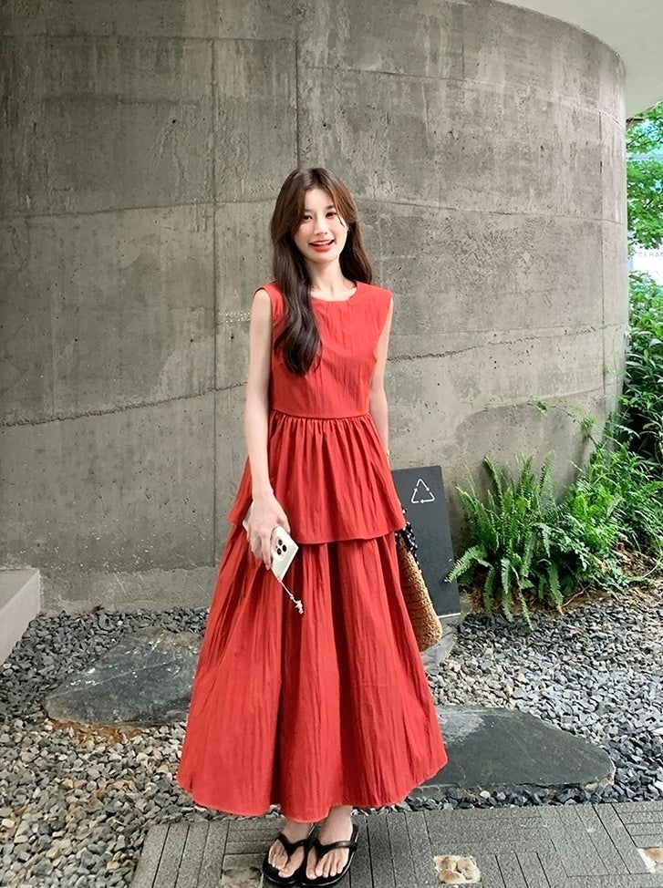 Red Backless Tie Vest And Skirt Set