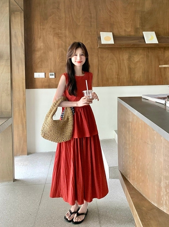 Red Backless Tie Vest And Skirt Set