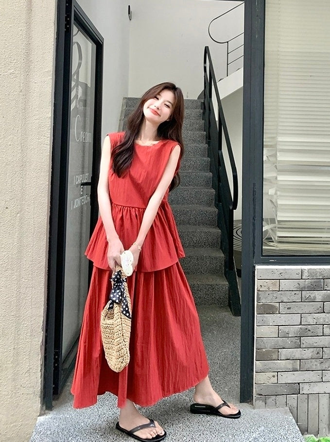 Red Backless Tie Vest And Skirt Set