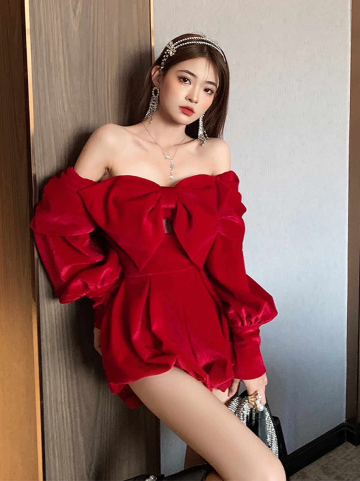 Red Big Bow Off-Shoulder Dress