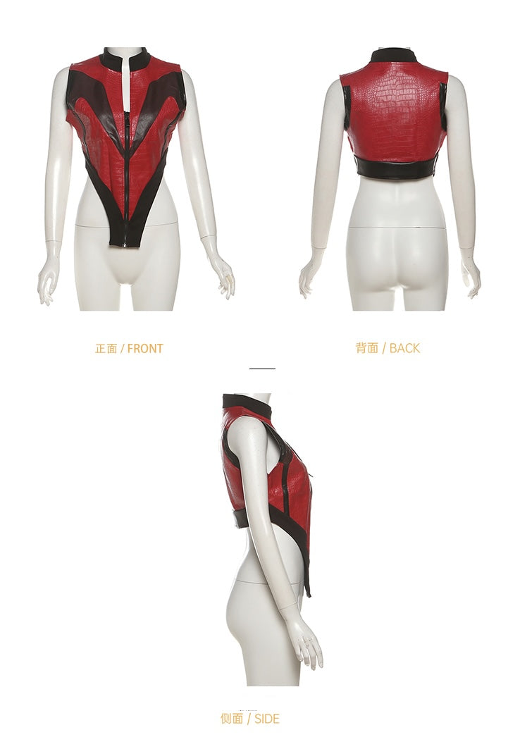 Red Biker Style Faux Leather Zip-Up Top