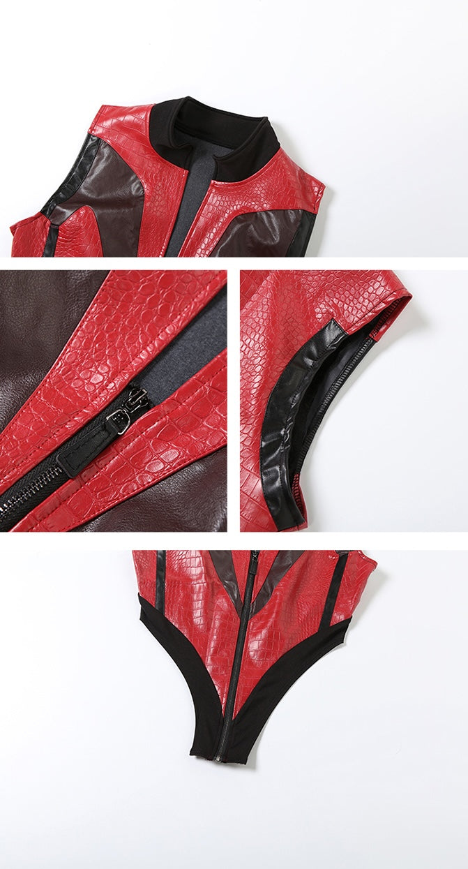 Red Biker Style Faux Leather Zip-Up Top