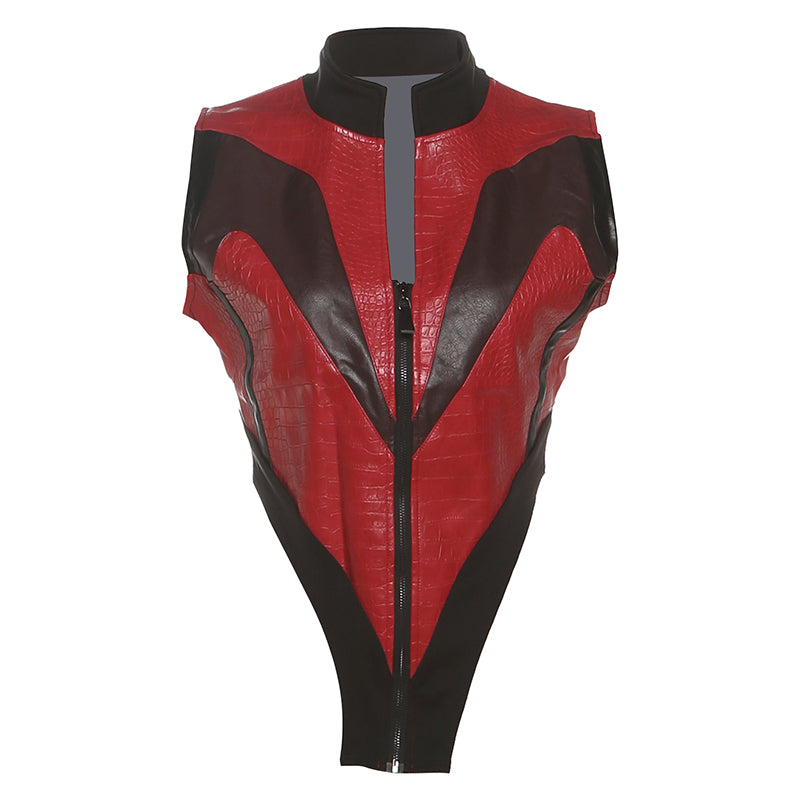 Red Biker Style Faux Leather Zip-Up Top