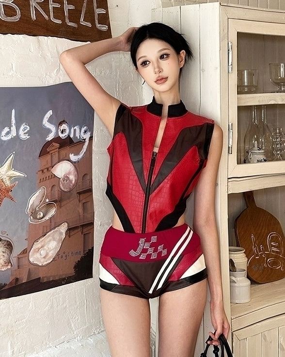 Red Biker Style Faux Leather Zip-Up Top