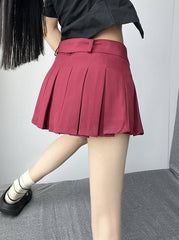 Red Buckle Belt Pleated Mini Skirt