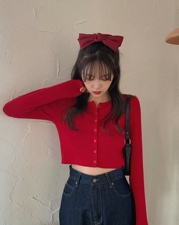 Red Button-Up Cropped Cardigan